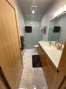 a bathroom with a sink and a toilet and a mirror at Clear Creek Cabins in Seward +25 photos