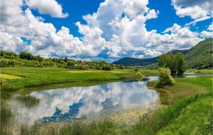 a river in the middle of a green field with clouds at Beautiful Home In Otocac in Otočac