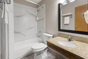 a bathroom with a toilet and a sink and a shower at Super 8 by Wyndham Mentor/Cleveland Area in Mentor +18 photos
