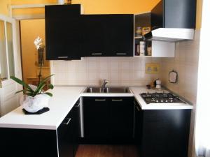 a kitchen with black cabinets and a sink at Appartamento Vacanze I Provenzali in Bordighera