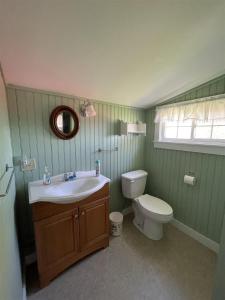 a bathroom with a sink and a toilet at THE SHOPPE LIMIT 3 cabin in North Sebago +4 photos