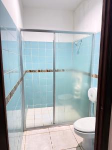 a bathroom with a glass shower with a toilet at Casa villa del mar 2 in Miramar +3 photos