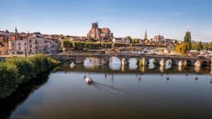 a boat in a river with a bridge at Studio moderne cosy Centre-ville in Auxerre