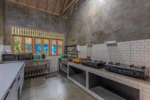 a kitchen with two burners on a counter in a room at Menjangan Dive Lodge in Banyuwedang