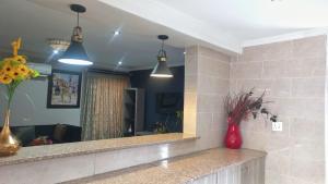 a living room with two lights and a mirror at The Palace in Pretoria +18 photos