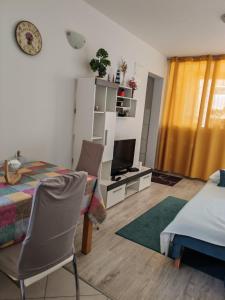 a living room with a bed and a television at Guest House Oscar near the Sea and river in Mokošica
