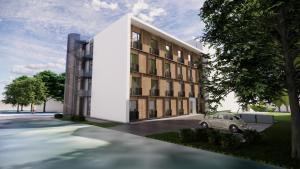 a rendering of a building with a car parked outside at Aarni Property in Jyväskylä