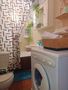 ein Badezimmer mit Waschmaschine und Waschbecken in der Unterkunft Efi's House in Florina