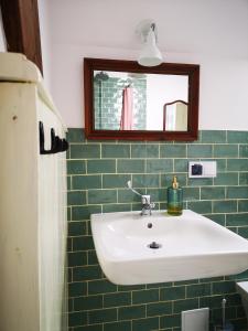 a bathroom with a sink and a mirror at Noclegi i chleb in Kłopotnica