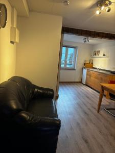 a living room with a leather couch and a kitchen at Mosel-Cottage-Appartment in Briedern +8 photos