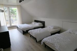 een slaapkamer met 3 bedden en een raam bij Villa Josiane in Oostduinkerke