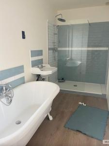 a bathroom with a tub and a sink and a shower at Maison Saizy in Monceaux-le-Comte +16 photos