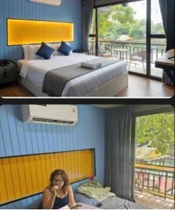 a woman sitting on a bed in a hotel room at Kaengkrachan River Hut in Kaeng Krachan +158 photos