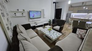 a living room with two couches and a tv at Ceca & Dimi Apartments 2 in Gevgelija