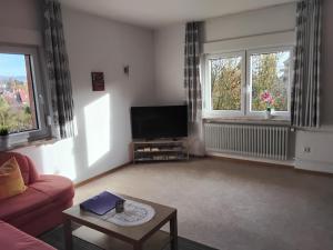 a living room with a flat screen tv and two windows at Ferienwohnung Kroeschell in Bad Sachsa +13 photos