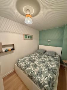 a bedroom with a bed with a green wall at Central Océan in Les Sables-d'Olonne