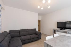 a living room with a couch and a flat screen tv at Les Fleurs Pool Residence in Bordighera