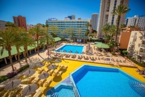 an overhead view of a pool with chairs and umbrellas at Hotel Servigroup Pueblo Benidorm in Benidorm +46 photos
