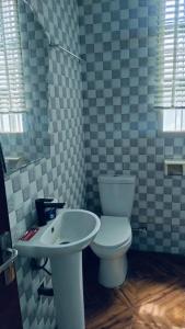 a bathroom with a white toilet and a sink at Meglams Hotel and Suite in Yenagoa