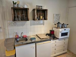 a small kitchen with a sink and a microwave at appartement Plume de repos in Marboué +12 photos