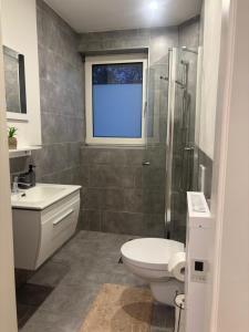 ein Badezimmer mit Toilette, Waschbecken und Fenster in der Unterkunft WeserZeit Apartment in Bodenwerder