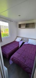 two beds in a room with purple blankets at Le Pont Rouge & Les Vignes in Chipilly +48 photos