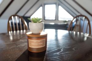 a plant in a pot sitting on a table at Charmante Ferienwohnung mit sonniger Loggia in Celle +10 photos
