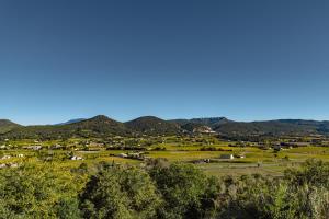 a small town in a valley with mountains in the background at Hotel Bellerive in Rasteau