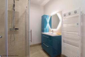 a bathroom with a blue sink and a shower at Gîtes de france le cosy saint pierre in Sées +5 photos