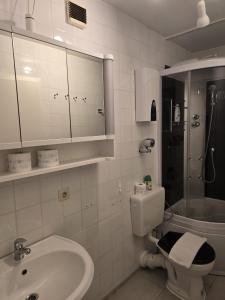 a white bathroom with a sink and a toilet at Traumurlaub im Bayerische Wald in Sankt Englmar