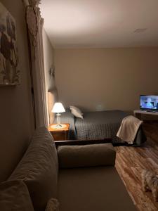 a bedroom with a bed and a couch and a television at Corazón de Ayrampos APART in Villa Dolores
