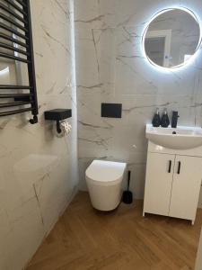 a bathroom with a white toilet and a sink at Apartament u Dyncyka in Krajno Pierwsze +63 photos
