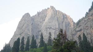 a large mountain with trees in front of it at Baba Jani Kumrat in Tāl