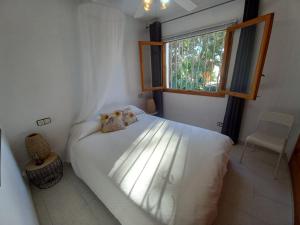 a bedroom with a white bed and a window at Marcolina, 2 in Alcalà de Xivert
