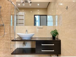 a bathroom with a sink and a glass shower at Beautiful Studio for 4 guests, Main Square, Cracow in Krakow +10 photos