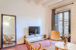 a living room with a tv and a mirror at Flateli Santa Clara 21 in Girona