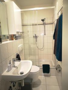 a bathroom with a sink and a toilet and a shower at Superior - Appartement Amélie in Potsdam +12 photos