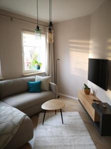 a living room with a couch and a tv at Superior - Appartement Amélie in Potsdam