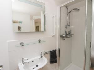 a bathroom with a sink and a mirror and a shower at Awen Ingli in Newport +18 photos
