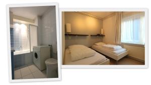 two pictures of a bathroom with a bed and a toilet at Appartement Boodtlaan 4E in De Koog