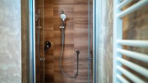a shower with a shower head on a wooden wall at Peony Apartment in Kroměříž