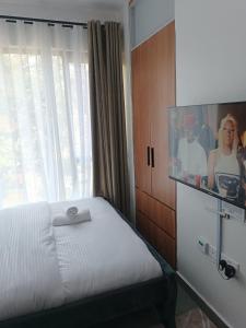 a bedroom with a bed and a tv in it at Cozy Studio Kiambu Town in Kiambu