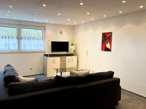 a living room with a couch and a tv at Apartments Unterer Kochbuck in Crailsheim