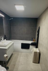 a bathroom with a white tub and a sink and a bath tub at Royal Loft Residence in Târgu Jiu +10 photos