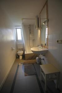 a bathroom with a sink and a toilet and a window at Ferienhaus 140 qm IGELMÜHLE, bei der romantischen Rödermühle an der Fränkischen Saale in Deutschlands Mitte, 8 km zur A7 in Hammelburg