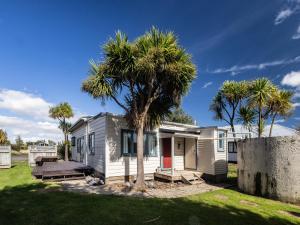 a small house with a palm tree in a yard at Oroua Cottage - Rangataua Bach in Ohakune
