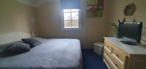 a bedroom with a bed and a flat screen tv at Ma maison près du golf in Talmont