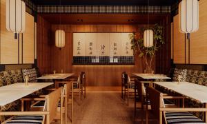 a dining room with tables and chairs and chandeliers at chic&basic Tokyo Hoose in Porto