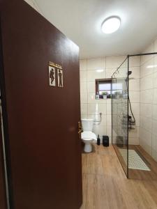 a bathroom with a toilet and a glass shower door at Apartman Turkalj in Rakovica +16 photos