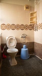 a bathroom with a toilet with a blue bidet at DUDI's Stay in Mysore +21 photos